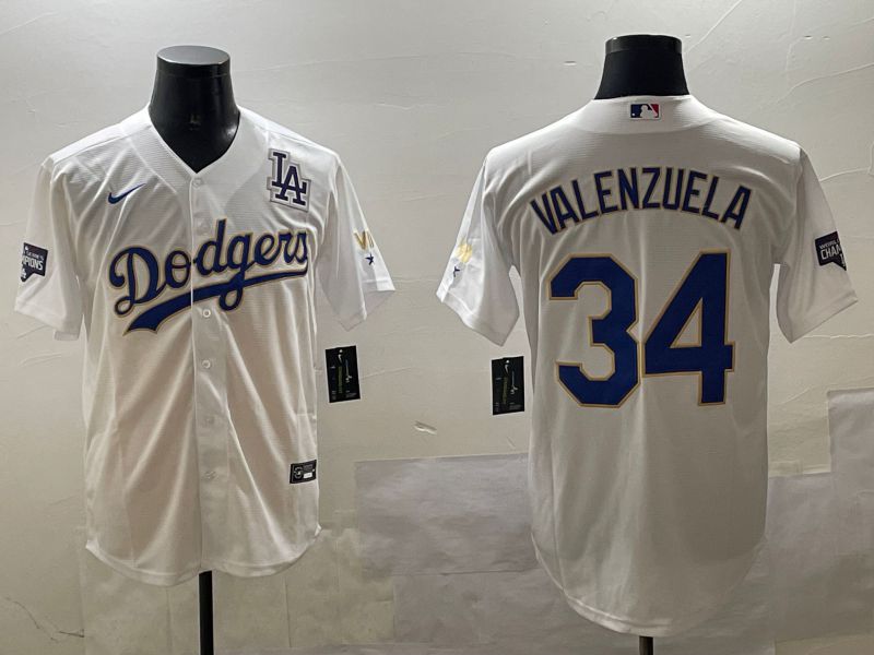 Men Los Angeles Dodgers #34 Valenzuela White blue Gold Game 2025 Nike MLB Jersey style 10->los angeles dodgers->MLB Jersey